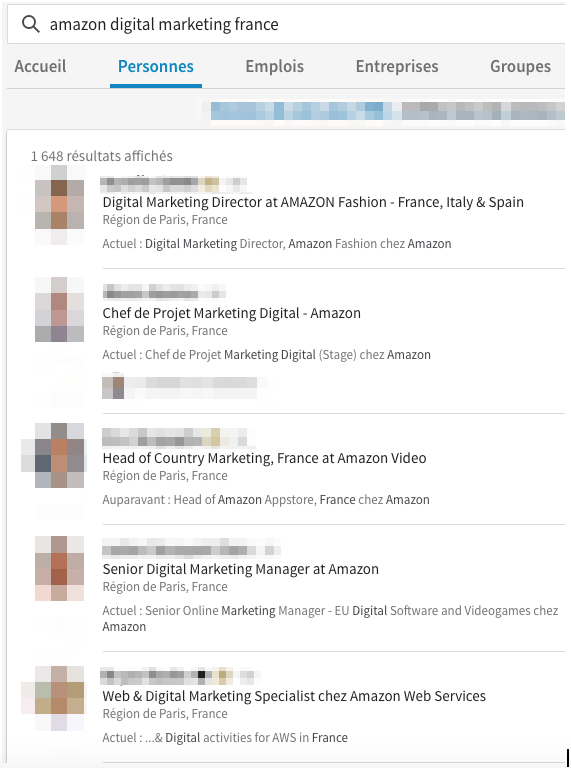 liste des personnes travaillant dans le markerting digital chez Amazon grâce à LinkedIn